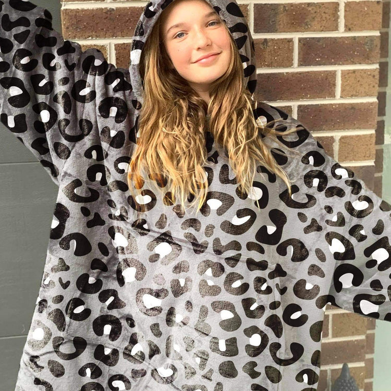 Hooded Cosy - Mini Kids Grey Leopard