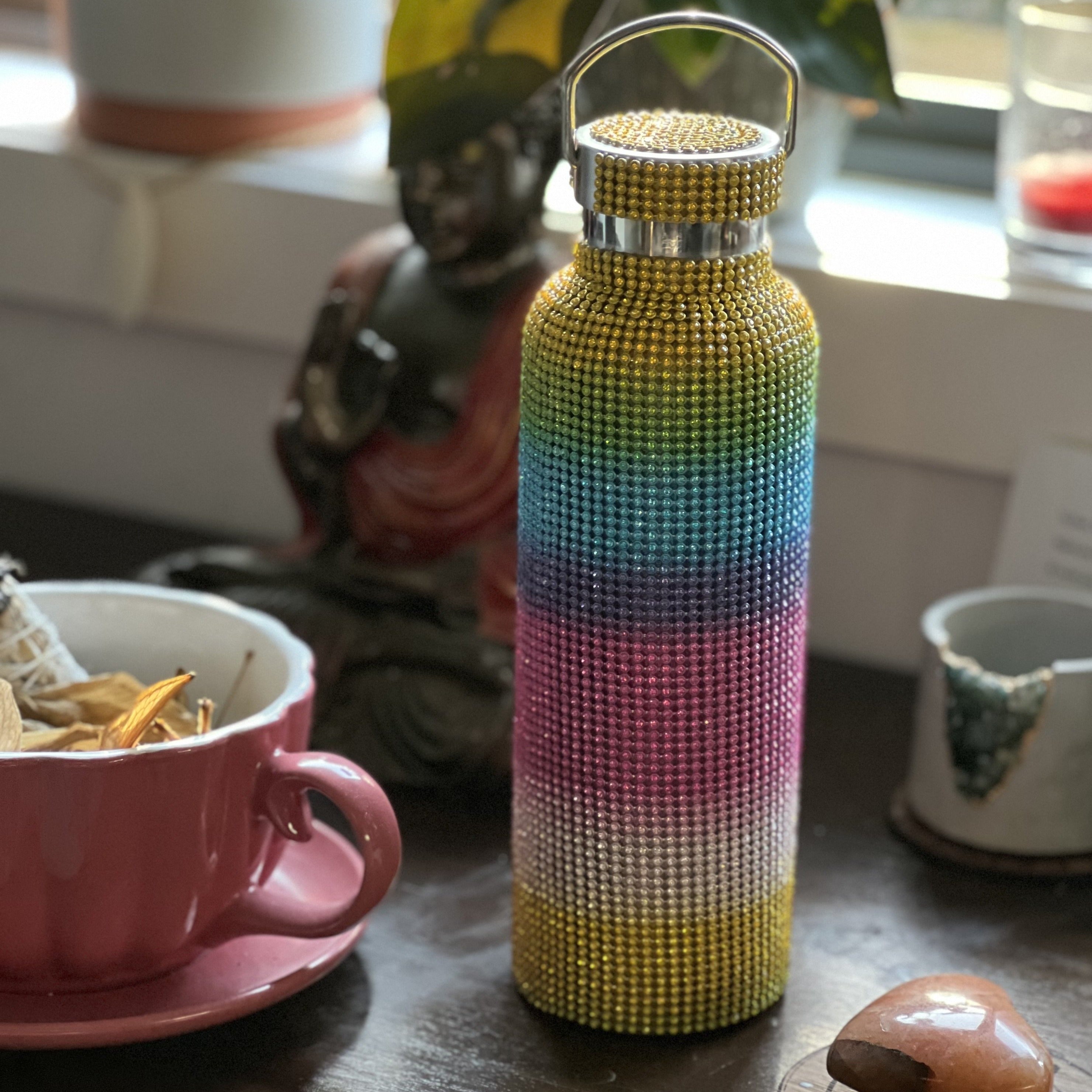 Rhinestone Drink Flasks - Rainbow with Yellow Lid