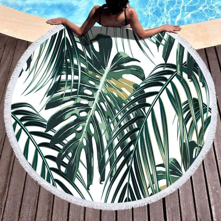 Beach Towel Round - Green Leaves